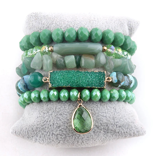 Fashion Beaded Boho Bracelet 5pc Green Natural Stone /Glass Stack Bracelet Sets For Women Boho Jewelry Gift