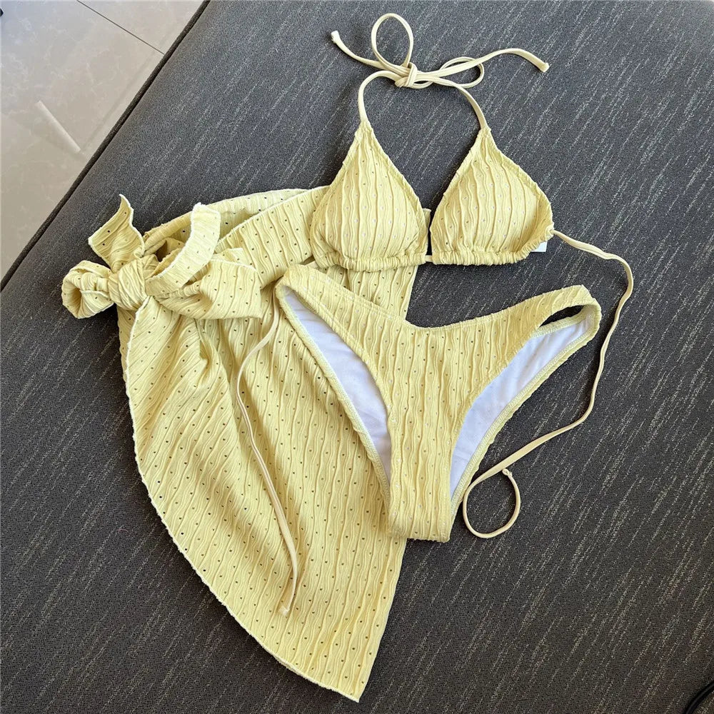 White Swimwear with Cover Up Halter Micro Thong 3 Piece Bikini Set Women Textured Swimsuit String Bathing Suit Bikinis Beachwear