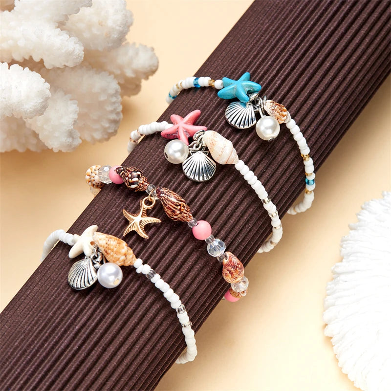 Boho Starfish Conch Bracelet Anklets for Women Cute Adjustable Shell Rice Beads Ankle Bracelets Girls Summer Foot Beach Jewelry