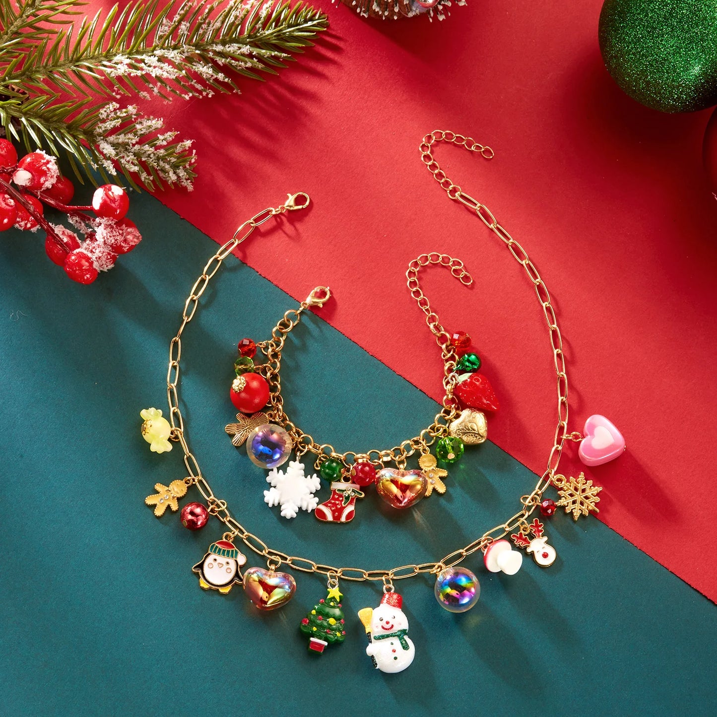 Christmas Metal Chain Necklace Bracelet For Women Santa Claus Snowman Bell Wreath Pendant Bracelet Choker Party New Year Gift