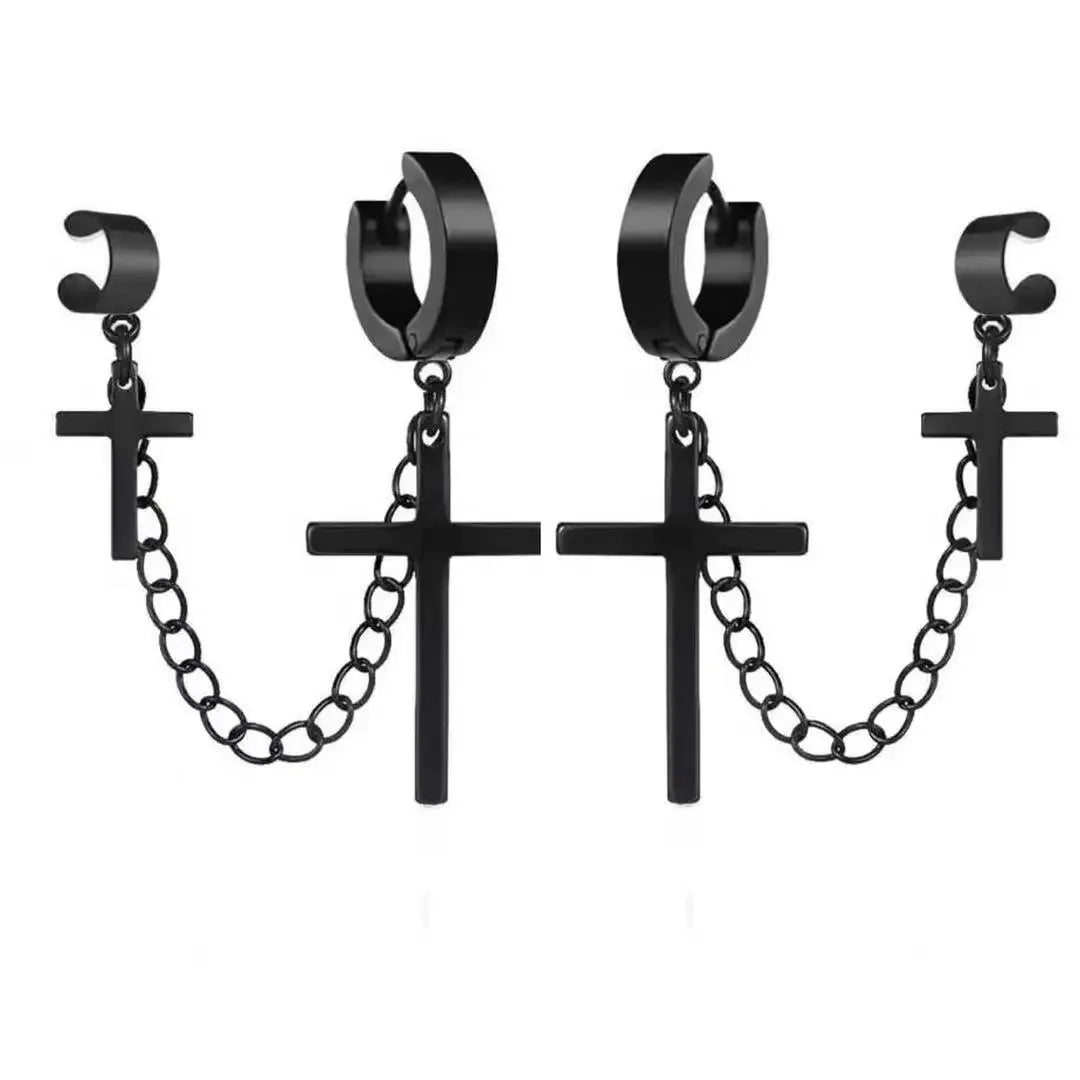 New Trendy Punk Zircon Crystal Cross Earring for Women Men Goth Hip Hop Piercing Black Hoop Earrings Fashion Party Jewelry Gifts