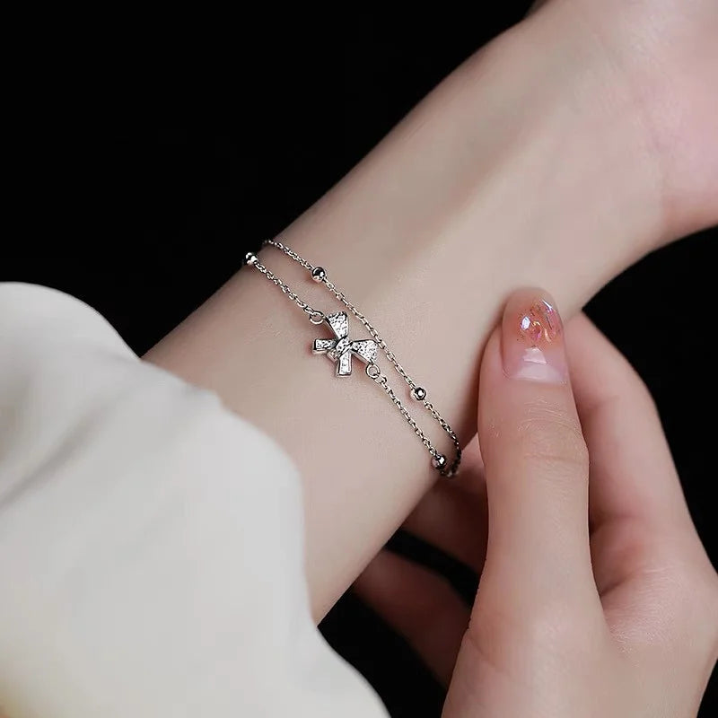 Titanium Steel Silver Color Geometric Bracelet For Women Girl Fashion Holiday Gift Double-deck Bow Wrist Chain Jewelry Pulsera