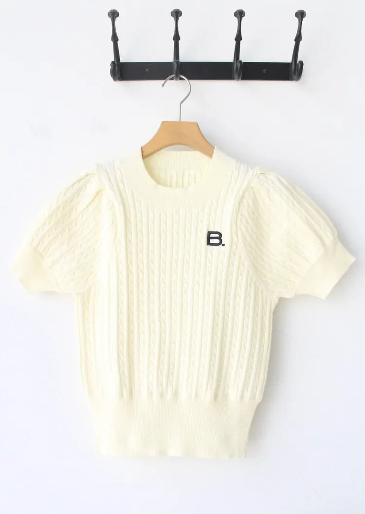 Japanese New Spring Ladies Sweet Bubble Short Sleeve Twist Knitted Top Sweater Letter Embroidered Pure Color Women's T-shirt