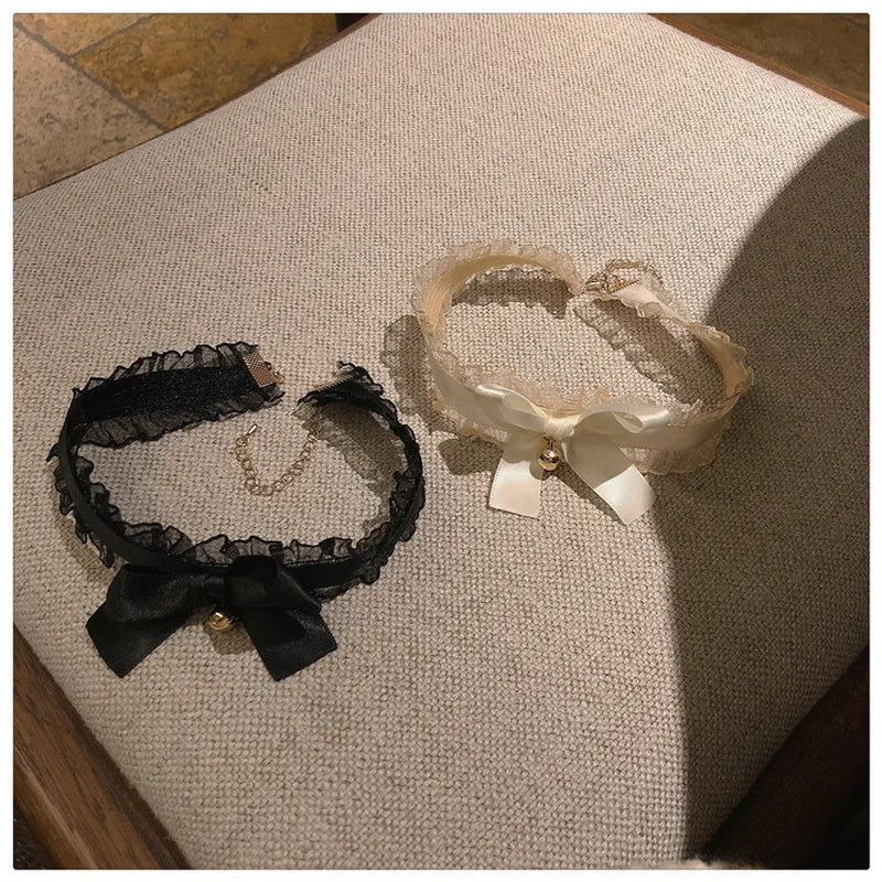 Cute White Black Lace Butterfly Bowknot Clavicle Chain Necklace For Women Crystal Bell Pendant Choker Necklace Fashion Jewelry