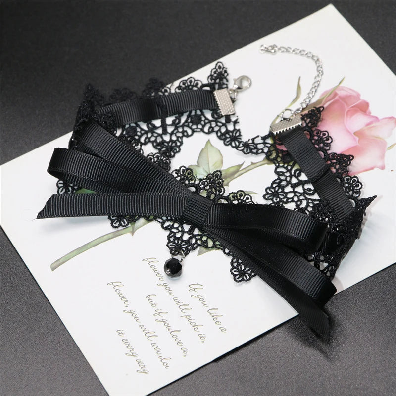Cute White Black Lace Butterfly Bowknot Clavicle Chain Necklace For Women Crystal Bell Pendant Choker Necklace Fashion Jewelry