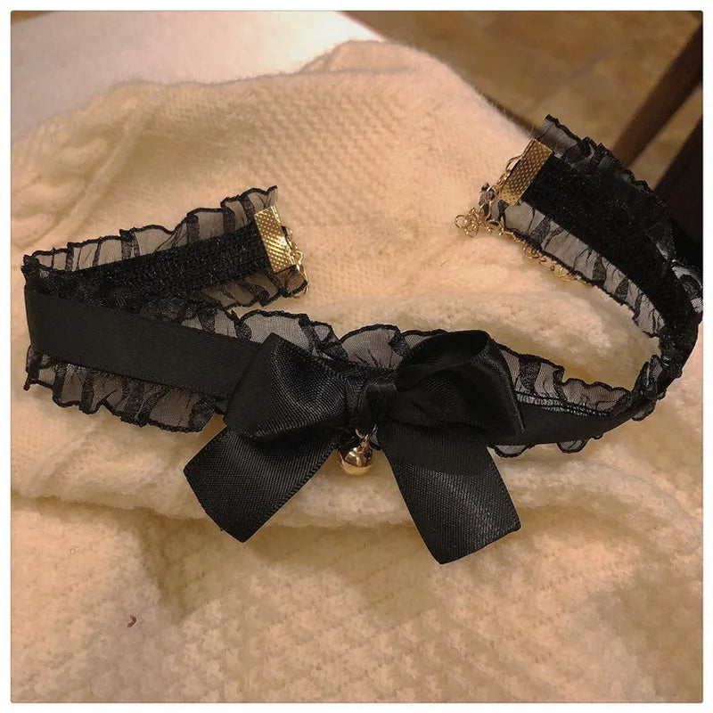 Cute White Black Lace Butterfly Bowknot Clavicle Chain Necklace For Women Crystal Bell Pendant Choker Necklace Fashion Jewelry